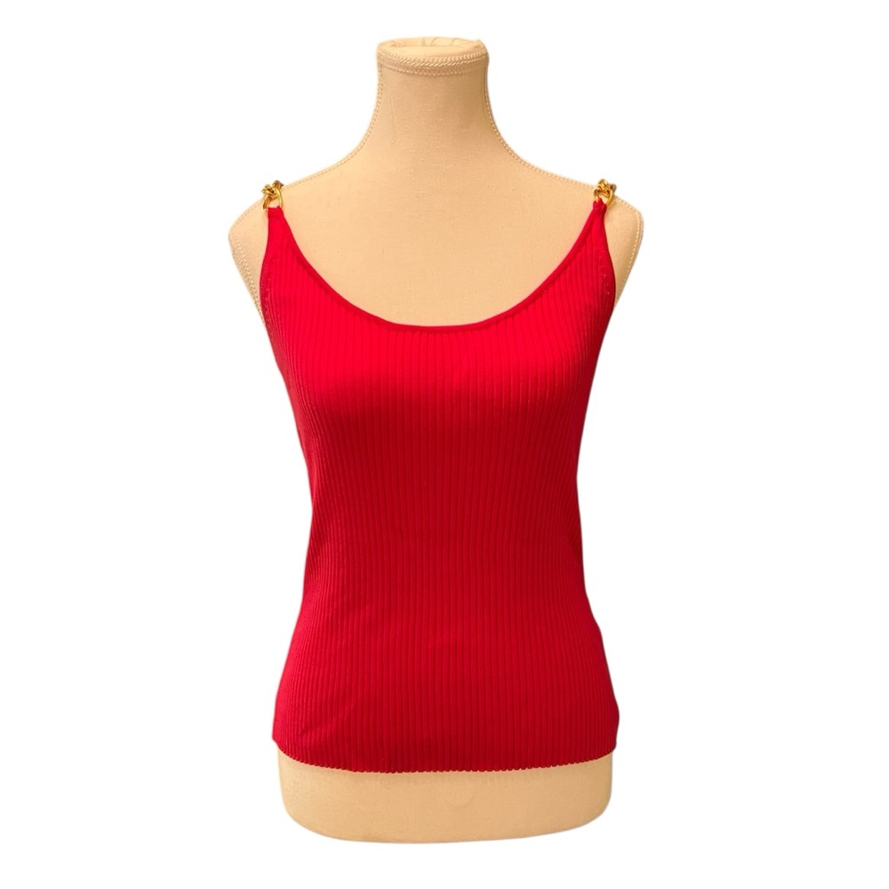 C’est City Hot Pink Ribbed Silk Blend Top with Gold Chain Straps - Medium